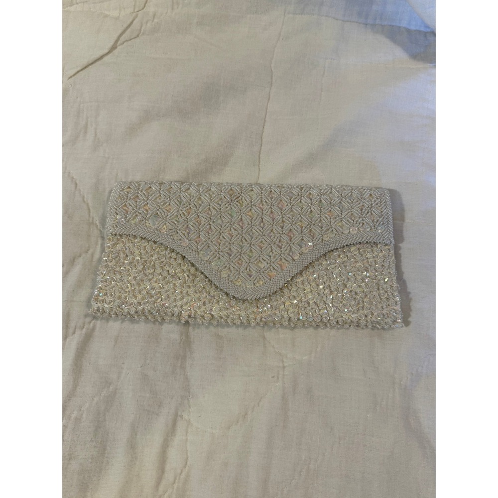 La Regale Vintage Beaded Sequin Clutch Iridescent White Ivory Handmade Hong Kong